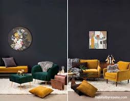 On Trend Colours Like Mustard And Jade Green Are Ideal To Showcase Against Dark Walls In Thi Feature Wall Living Room Living Room Color Green Sofa Living Room