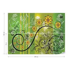 Sensational linen blend floral pattern on a black background with accents in green, yellow, rust, and blue. Modern Floral Design With Swirls Green And Yellow Wall Paper Mural Buy At Europosters