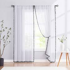 information sheer linen textured curtain panels impart an air of rustic charm and breezy beauty about quantity: Amazon Com Treatmentex Sheer White Curtains With Black Pom Pom Curtains 84 Long Linen Textured Look Decorative Window Drapes Navy 52 W 1pair Home Kitchen