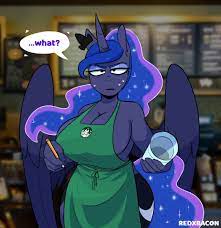 2710375 - suggestive, artist:redxbacon, princess luna, alicorn, anthro,  apron, barista, big breasts, breasts, busty princess luna, cleavage,  clothes, dialogue, female, holding, horn, iced latte with breast milk,  jewelry, lidded eyes, looking at