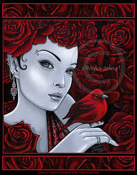 Red Rose Bird Flower Gothic Fairy Scarlet Signed Art Prints