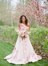 A Cherry Blossom Printed Dress For The Ultimate Spring Inspiration Printed Wedding Dress Wedding Dress Photography Cherry Blossom Wedding Dress