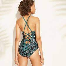 Women S Lace Up Back One Piece Swimsuit Kona Sol Animal Print Xs Blue Leopard Print Tankini One Piece Green Leopard Print