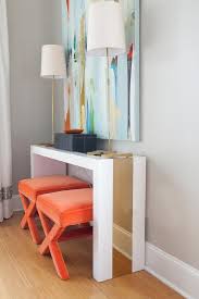 White And Gold Waterfall Console Table With Orange Velvet X Stools Contemporary Entrance Foyer Marble Side Tables Interior Console Table