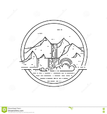 Vector Line Emblem With Mountain Landscape And Waterfall Stock Vector Illustration Of Abstract Beautiful In 2020 Waterfall Drawing Illustration Line Illustration