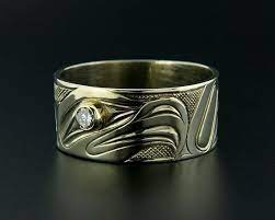 Mens Haida 14k White Gold Wedding Ring Eagle Design With 16pt Etsy White Gold Wedding Rings Gold Wedding Rings White Gold