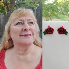 Beautiful Native American Style Beaded Black and Red Rose Flower Earrings  Southwestern, Boho, Peyote Brick Stitch Great Gift Ready to Ship