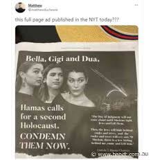 Written by rabbi shmuley boteach, the ad, which appeared in saturday's newspaper. New York Times Criticised For Publishing Ad Attacking Bella Hadid Gigi Hadid And Dua Lipa For Supporting Palestine Advertising News Newslocker