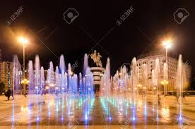 Toch is skopje ook een steeds populairder wordende stedentrip aan het worden. Dancing Fountains Illuminated At Nigth On Square Macedonia In Stock Photo Picture And Royalty Free Image Image 75045582