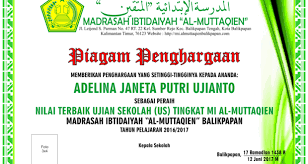 Contoh piagam penghargaan pondok pesantren. Piagam Penghargaan Nilai Terbaik Mi Pondok Pesantren Modern Al Muttaqien Beri Sekolah Kalimantan