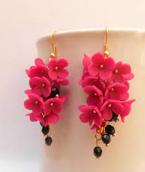 Handmade Polymer Fuchsia Flower Dangle Earrings Floral Deco Jewelry Gift For Her Hot Pink Jewelry Flower Jewellery Wedding Bridesmaid Jewelry