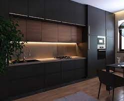 dark grey cabinets with a row of warm wood above s backsplash cabinets dark grey row warm woo moderne graue kuche kuchendesign modern kuche schwarz