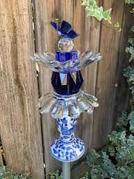 Glass Garden Totem Vintage Glass Garden Decor Yard Art Blue Butterfly Glass Garden Garden Totem Glass Garden Flowers