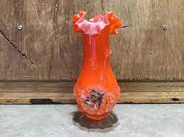 Vintage Art Glass Vase Orange Frilled