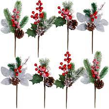 13 pieces christmas glitter floral stems leaves berries christmas ribbon red hat. 8 Pack Artificial Snowy Christmas Picks Assortment Faux Red Berry And Pine Spray Floral Stems With Pinecones Apples Spruce Holly Leaves For Holiday Floral Arrangement Centerpiece Winter Season Decor Buy Online In