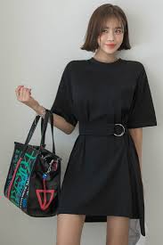 Black Belted T Shirt Mini Dresses Womens Casual Basic Kpop Style Girls Tshirt Dress Outfit Black Tshirt Dress Outfit Womens Dresses