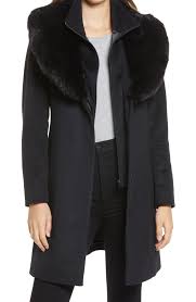 Shop Via Spiga Black Faux Fur Collar Wool Blend Coat