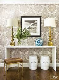 Modern Neutral Foyer With Printed Wallpaper Wallpapered Entryway Lotus Wallpaper Foyer Decorating