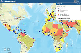 The map shown here is a terrain relief image of the world with the boundaries of major countries shown as white lines. Interactive Travel Advisory World Map With Embassies And Consulates Of The United States And New Kidnapping Risk Indicator Added For 35 Countries The Gatethe Gate