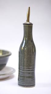 Hand Thrown Olive Oil Pourer With A Smokey Blue Glaze And Metal Spout Ceramic Bottle Olive Oil Dispenser Hand Thrown Pottery