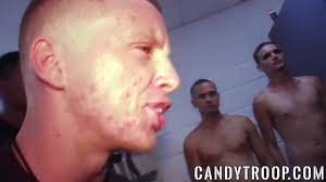 Blond soldier engulfing large rods previous to group jerking off watch  online