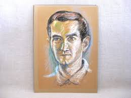 Vintage Male Portrait Pastel Drawing, Original Mid-Century Art Drawings of  Men