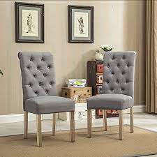 Horgen contemporary gray faux leather dining chairs with metal frame, set of 2. Amazon Com Roundhill Furniture Habit Grey Solid Wood Tufted Parsons Dining Chair Set Of 2 Gray Chairs