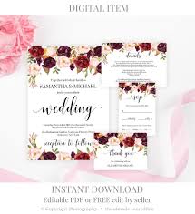 Burgundy Wedding Invitation Set Template Printable Floral Wedding Invitation Marsal Wedding Invitations Wedding Invitation Sets Printable Wedding Invitations