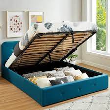 Miliboo tête de lit capitonnée en tissu bleu canard 140 cm halcion. Lit Coffre 140x190 Cm Bleu Canard Avec Tete De Lit Sommier A Lattes Collection Kate Cdiscount Maison