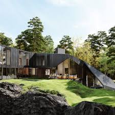 Red accents provide a pop of color. Black Houses Dezeen