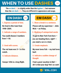 Em Dash Vs En Dash When To Use Dashes With Examples 7 E S L In 2020 English Writing Skills Learn English Words Writing Words