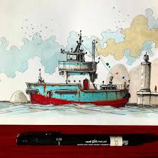 Small And Brave Tugboat Leaves The Port Drawing Boat Illustration Tug Boats Cartoon Drawings