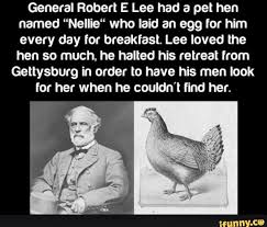 General Robert E Lee Had A Pet Hen Named Nellie Who Laid An Egg For Him Every Day For Breakfast Lee Loved The Hen So Much He Halted His Retreat From Gettysb