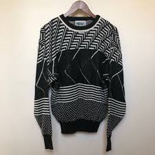 Black And White Striped Sweater Mens Vintage Black White Abstract Geometric Sweater 80s 90s Streetwear 1980s Soft Sweater Black Leather Trim Vtg Henri V Stripe Sweater Sweaters Black White Stripes
