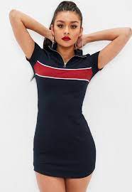 A Dress In A Navy Hue With Polo Style Mini Length And Red Front Stripe Feature Black Dress Outfit Casual Womens Dresses Cute Dresses