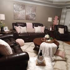 Dark Leather Furnture With Blush Accents Winter Decor Brown Living Room Decor Pink Living Room Decor Brown Furniture Living Room