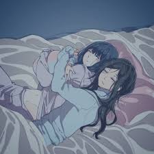 10kanaga, kasaki nozomi, yoroizuka mizore, hibike! euphonium, liz to aoi  tori, highres, 2girls, bed, black hair, closed eyes, groin, hug, indoors,  long hair, midriff, multiple girls, no panties, open mouth, pajamas,  sleeping,