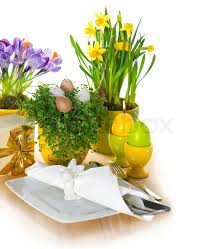 4k00:21top view on the black vertical smartphone on the yellow table with decorations, writing party time and happy birthday while woman's hand. Festive Easter Table Setting With Eggs Stock Image Colourbox