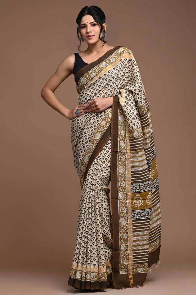 GREY PRINTED COTTON SILK SAREE WITH BLOUSE product image