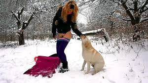 White dog has fantastic XXX sex with slender mistress in winter forest - XXX  FemeFun