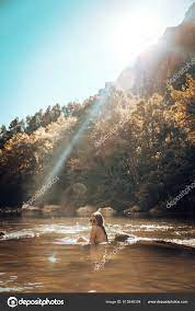 Naked Girl Bathing River Surrounded Trees Sunset Stock Photo by ©Cavan  613846394