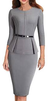 Homeyee Womens 3 4 Sleeve Office Wear Peplum Dress With Belt B473 4 Gray