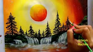 At an azimuth greater than 180 degrees, as a result of earth's rotation. Waterfall Landscape Painting Sunset Scenery Painting Acrylic Painting For Beginners You Landscape Paintings Acrylic Waterfall Paintings Scenery Paintings
