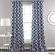 84 Inch Navy Blue White Moroccan Curtains Panel Pair Set Blue Color Drapes Medallion Geometric Trellis Pattern Window Treatm White Paneling Curtains Lush Decor