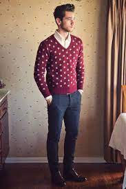 Polka Dot Sweater Styled With White Plain Shirt Blue Dress Pants And A Pair Of Brown Shoes Fall Fashion Outfits Menswear Mens Fashion Casual