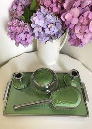 Stunning Vintage Art Deco Green Guilloche Enamel Dressing Etsy Vintage Art Deco Art Deco Dressing Table Vintage Art