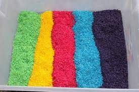 Dye Rice With Hand Sanitizer And Food Coloring Meant For Kids Play Table But This Would Make Great Filler For Glass Vases Kids Play Table Homemade Art Crafts
