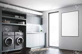 Wiki researchers have been writing reviews of the latest washing machine cleaners this wiki has been updated 17 times since it was first published in october of 2017. Modern Laundry Room Interior With White And Brick Walls Gray Stock Photo Picture And Royalty Free Image Image 87851639