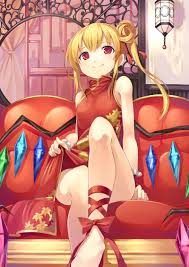 gurasion (gurasion), flandre scarlet, touhou, 1girl, alternate costume,  ankle ribbon, arm at side, bare legs, bare shoulders, blonde hair, blush,  china dress, chinese clothes, clothes lift, couch, crossed ankles, crossed  legs, curtains,