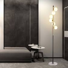 Modern Minimalist White Globe Glass Shade 6 Light Floor Lamp With Round Marble Base In Black And Gold Floor Lamps Table Floor Lamps Lighting